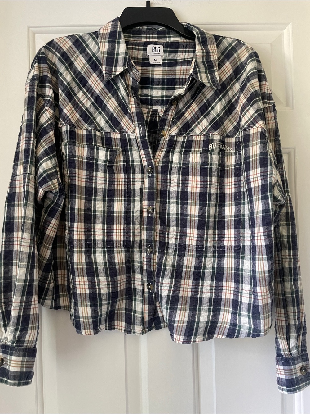BDG Plaid Button-Down Shirt Jacket in Navy, Cream, and Brown